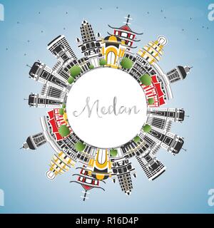 Medan Indonesia skyline della città con edifici di colore, il blu del cielo e spazio di copia. Illustrazione Vettoriale. Viaggi di affari e turismo Concept Illustrazione Vettoriale