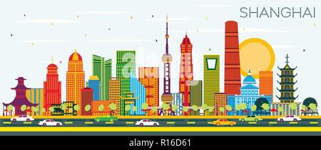 Cina Shanghai skyline della città con edifici di colore e cielo blu. Illustrazione Vettoriale. Viaggi di affari e di turismo con il concetto di architettura moderna. Illustrazione Vettoriale