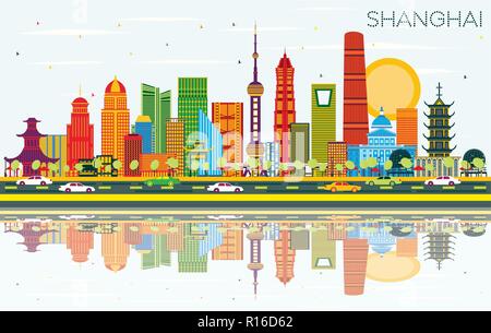 Cina Shanghai skyline della città con edifici di colore, cielo blu e riflessi. Illustrazione Vettoriale. Illustrazione Vettoriale