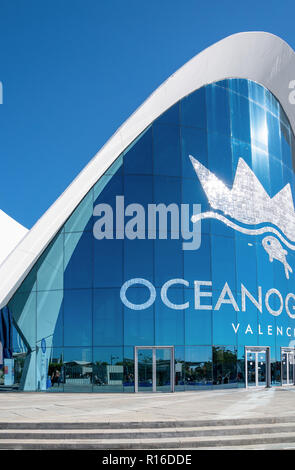 Valencia, Spagna - Octuber 15, 2016: la Città delle Arti e delle scienze dell'architetto Calatrava. I visitatori di fronte all'acquario oceanografico Foto Stock