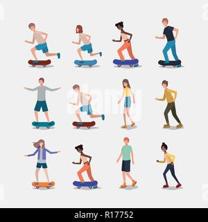 Gruppo di persone in pattini e skateboard Illustrazione Vettoriale