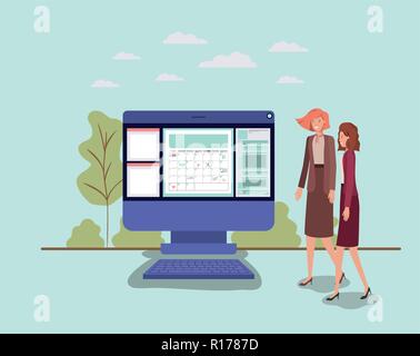 Mini persone che lavorano nel computer desktop Illustrazione Vettoriale