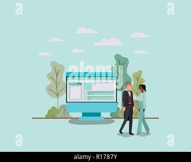 Mini persone che lavorano nel computer desktop Illustrazione Vettoriale