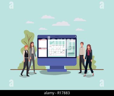 Mini persone che lavorano nel computer desktop Illustrazione Vettoriale