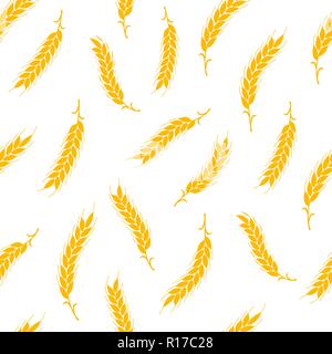 Modello senza giunture. Vettore semplice spighe di grano isolato su sfondo bianco. illustrazione per l'agricoltura o il panificio. Illustrazione Vettoriale