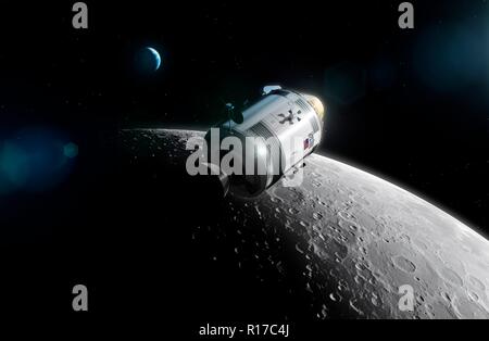 Navetta Apollo. Illustrazione del comando di Apollo/Service Module (CSM) in orbita lunare. Ogni missione Apollo era con equipaggio tre astronauti, seduta in il modulo di comando (CM, oro conica nella parte anteriore del CSM). Il servizio cilindrico di sezione Modulo conteneva strumenti scientifici, i sistemi di propulsione, celle a combustibile e sistemi di sostegno della vita. Una volta che la luna, due astronauti utilizzato il modulo lunare a scendere sulla luna e ritorno al CSM, che fu pilotata dal terzo astronauta. Il CM è stato poi utilizzato per re-inserire l'atmosfera della Terra con le altre sezioni essendo abbandonata. Foto Stock