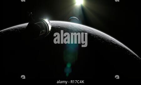 Navetta Apollo. Illustrazione del comando di Apollo/Service Module (CSM) in orbita lunare. Ogni missione Apollo era con equipaggio tre astronauti, seduta in il modulo di comando (CM, sezione conica nella parte anteriore del CSM). Il servizio cilindrico di sezione Modulo conteneva strumenti scientifici, i sistemi di propulsione, celle a combustibile e sistemi di sostegno della vita. Una volta che la luna, due astronauti utilizzato il modulo lunare a scendere sulla luna e ritorno al CSM, che fu pilotata dal terzo astronauta. Il CM è stato poi utilizzato per re-inserire l'atmosfera della Terra con le altre sezioni essendo abbandonata. Foto Stock