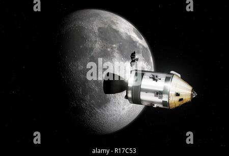 Navetta Apollo. Illustrazione del comando di Apollo/Service Module (CSM) in orbita lunare. Ogni missione Apollo era con equipaggio tre astronauti, seduta in il modulo di comando (CM, oro conica nella parte anteriore del CSM). Il servizio cilindrico di sezione Modulo conteneva strumenti scientifici, i sistemi di propulsione, celle a combustibile e sistemi di sostegno della vita. Una volta che la luna, due astronauti utilizzato il modulo lunare a scendere sulla luna e ritorno al CSM, che fu pilotata dal terzo astronauta. Il CM è stato poi utilizzato per re-inserire l'atmosfera della Terra con le altre sezioni essendo abbandonata. Foto Stock