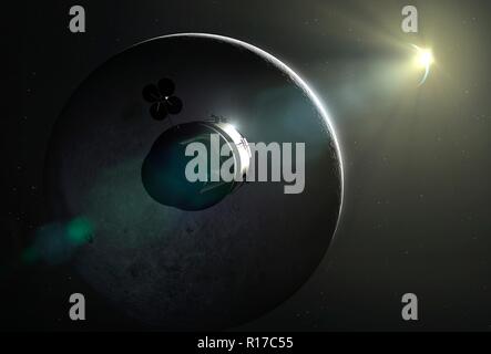 Navetta Apollo. Illustrazione del comando di Apollo/Service Module (CSM) in orbita lunare. Ogni missione Apollo era con equipaggio tre astronauti, seduta in il modulo di comando (CM, sezione conica nella parte anteriore del CSM). Il servizio cilindrico di sezione Modulo conteneva strumenti scientifici, i sistemi di propulsione, celle a combustibile e sistemi di sostegno della vita. Una volta che la luna, due astronauti utilizzato il modulo lunare a scendere sulla luna e ritorno al CSM, che fu pilotata dal terzo astronauta. Il CM è stato poi utilizzato per re-inserire l'atmosfera della Terra con le altre sezioni essendo abbandonata. Foto Stock