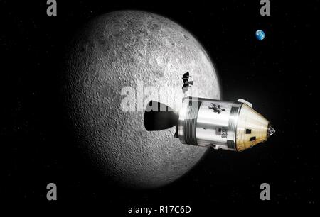 Navetta Apollo. Illustrazione del comando di Apollo/Service Module (CSM) in orbita lunare. Ogni missione Apollo era con equipaggio tre astronauti, seduta in il modulo di comando (CM, oro conica nella parte anteriore del CSM). Il servizio cilindrico di sezione Modulo conteneva strumenti scientifici, i sistemi di propulsione, celle a combustibile e sistemi di sostegno della vita. Una volta che la luna, due astronauti utilizzato il modulo lunare a scendere sulla luna e ritorno al CSM, che fu pilotata dal terzo astronauta. Il CM è stato poi utilizzato per re-inserire l'atmosfera della Terra con le altre sezioni essendo abbandonata. Foto Stock
