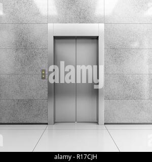 Acciaio moderno ascensore con le porte chiuse in contemporanea lobby. 3D'illustrazione. Foto Stock