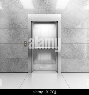 Acciaio moderno ascensore con le porte aperte in contemporanea lobby. 3D'illustrazione. Foto Stock
