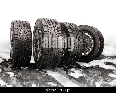Quattro pneumatici per auto rotolamento su una coperta di neve su strada. 3d'illustrazione. Foto Stock