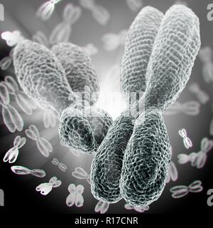 Close up di cromosomi XY su sfondo nero. 3D'illustrazione. Foto Stock