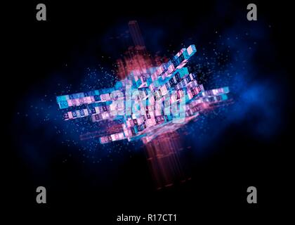 Grande concetto di dati. Cubo digitale con il codice di un programma per la macchina di algoritmo di apprendimento o di intelligenza artificiale. 3D'illustrazione. Foto Stock