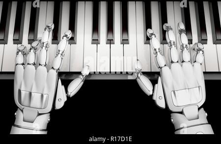 Robotico mani suonare il pianoforte, vista dall'alto. Tecnologia di auto-apprendimento reti neurali. 3D'illustrazione. Foto Stock