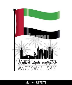 Bandiera degli Emirati arabi uniti con edificio e firewords alla giornata nazionale Illustrazione Vettoriale