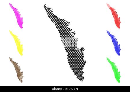 Il Kerala (Stati e territori dell'Unione Indiana, Stati federati, la Repubblica dell' India) mappa illustrazione vettoriale, scribble schizzo dello stato del Kerala mappa Illustrazione Vettoriale