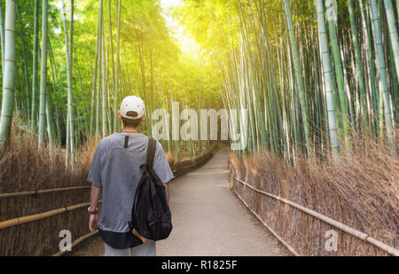 Viaggi in Giappone, un uomo con uno zaino viaggia ad Arashiyama foresta di bamboo, famosa destinazione di viaggio a Kyoto in Giappone Foto Stock