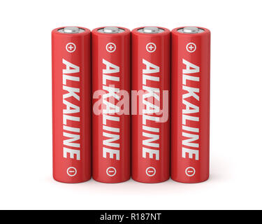 3d reso quattro batterie alcaline AA su uno sfondo bianco. Foto Stock