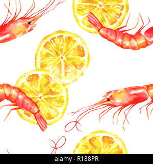 Un acquerello di seamless pattern con gamberi e limoni su uno sfondo bianco, un pesce fresco ripeti stampa Foto Stock