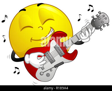 Illustrazione di una mascotte Smiley suonare la chitarra elettrica e circondato da note musicali Foto Stock