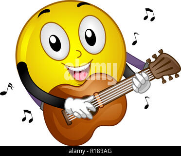 Illustrazione di una mascotte Smiley suonare la chitarra acustica con note musicali Foto Stock