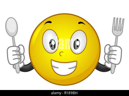 Illustrazione di una mascotte smiley sorridente e azienda Cucchiaio e forchetta in attesa di cibo Foto Stock