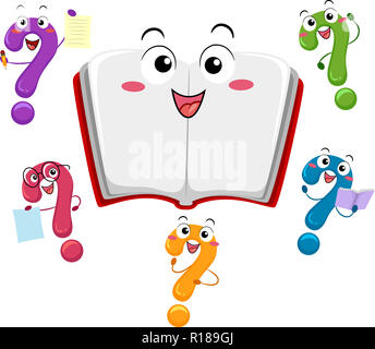 Illustrazione di un libro aperto mascotte circondato da diversi punto interrogativo mascotte Foto Stock