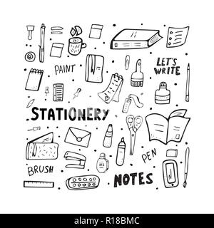 Set di vettore di forniture per ufficio. Raccolta di disegnati a mano articoli di cancelleria. Sqaure composizione della scuola strumenti. Illustrazione Vettoriale