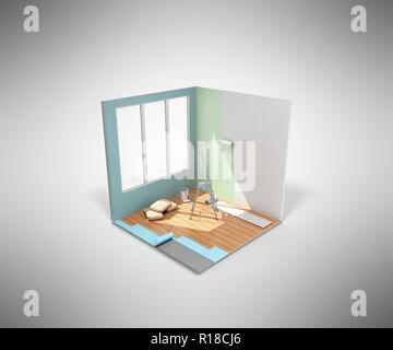 Concetto di lavoro di riparazione bassa isometrica poli home camera icona di rinnovamento 3d rendering su grigio Foto Stock