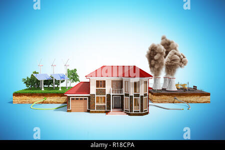 Il concetto di ecologicamente energia pulita la casa è collegato ai pannelli solari e palette meteo invece di centrali termiche Foto Stock