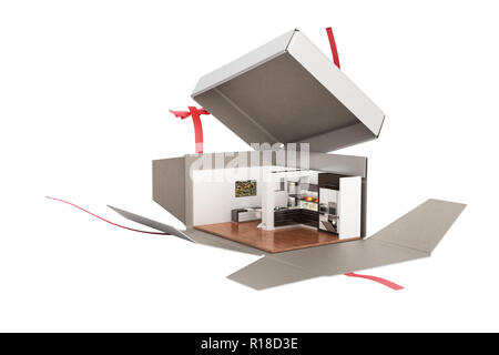 Concetto appartamento come un dono cucina interno in una scatola aperta 3d rendering su bianco senza ombra Foto Stock