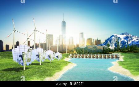 I pannelli solari con turbine eoliche contro il paesaggio mountanis contro il cielo blu con nuvole 3D render Foto Stock