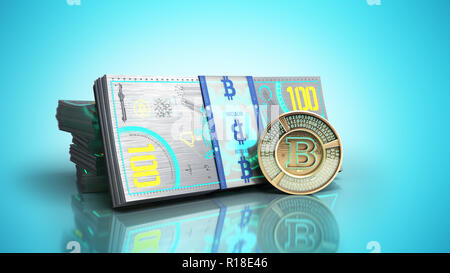 Concetto di bitcoin banconota e monet denaro virtuale fatture 3d rendering su blu Foto Stock