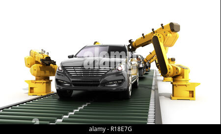 Robot linea di assemblaggio in fabbrica di automobili 3d rendering su bianco Foto Stock