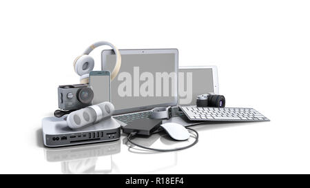 Raccolta di prodotti di elettronica di consumo 3D render su sfondo bianco Foto Stock