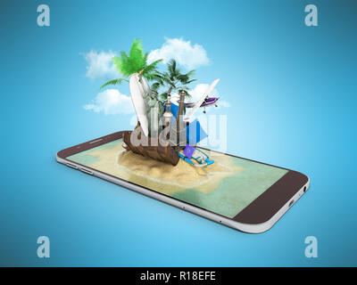 3D render di Tropical Island Resort con il blu del mare di acqua oceanica spiaggia di sabbia e palme sulla schermata dello smartphone turismo viaggi e soggiorni e vacanze Foto Stock