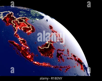 Sud Est Asia di notte da orbita. Pianeta in plastica con superficie visibile luci della citta'. 3D'illustrazione. Gli elementi di questa immagine fornita dalla NASA. Foto Stock