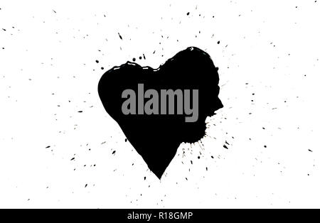 Cuore nero con vernice nera scende schizza intorno isolato su sfondo bianco. Foto Stock
