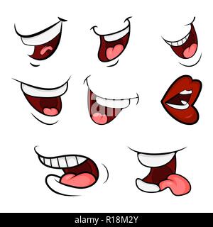 Cartoon bocca Set. Linguetta, sorridere i denti. Emozioni espressiva. Semplice design piatto isolato su sfondo bianco Illustrazione Vettoriale