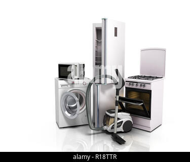 Home Appliances Group di bianco frigorifero lavatrice stufa forno a microonde aspirapolvere isolati su sfondo bianco 3d Foto Stock