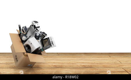 Gli apparecchi in box 3d rendering su legno flor Foto Stock