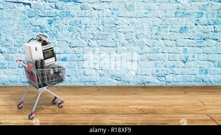 Home appliances nel carrello di e-commerce o shopping on line concept 3d rendering su legno Foto Stock