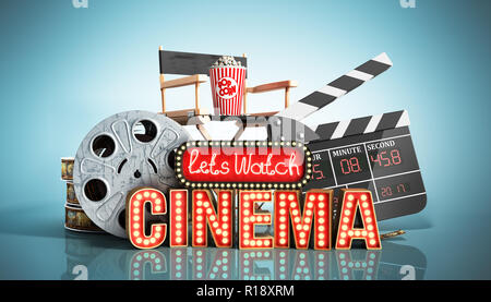 Il cinema era luce concetto navata centrale consente di guardare il cinema 3D rendering su blu Foto Stock