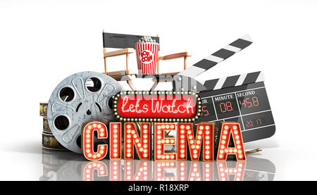 Il cinema era luce concetto navata centrale consente di guardare il cinema 3D rendering su bianco Foto Stock