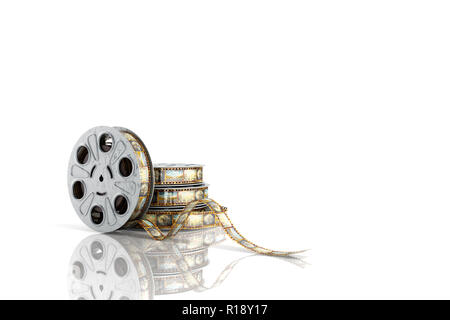 Bobina di pellicola con una striscia di pellicola 3d rendering su bianco Foto Stock