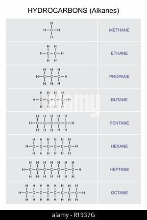 Illustrazione di una serie di idrocarburi alcani formule Illustrazione Vettoriale