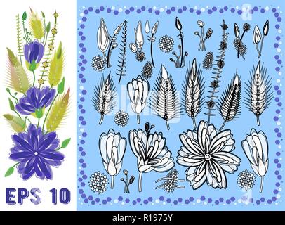 Set di elementi floreali di violetta tipo Daisy fiori, foglie e germogli. Vettore tracciato Flora botanico per la decorazione, invito a nozze, modelli Illustrazione Vettoriale