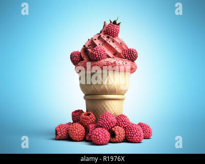 Gelato alla crema con lamponi e briciole di cioccolato in una cialda cup 3d rendering su blu Foto Stock
